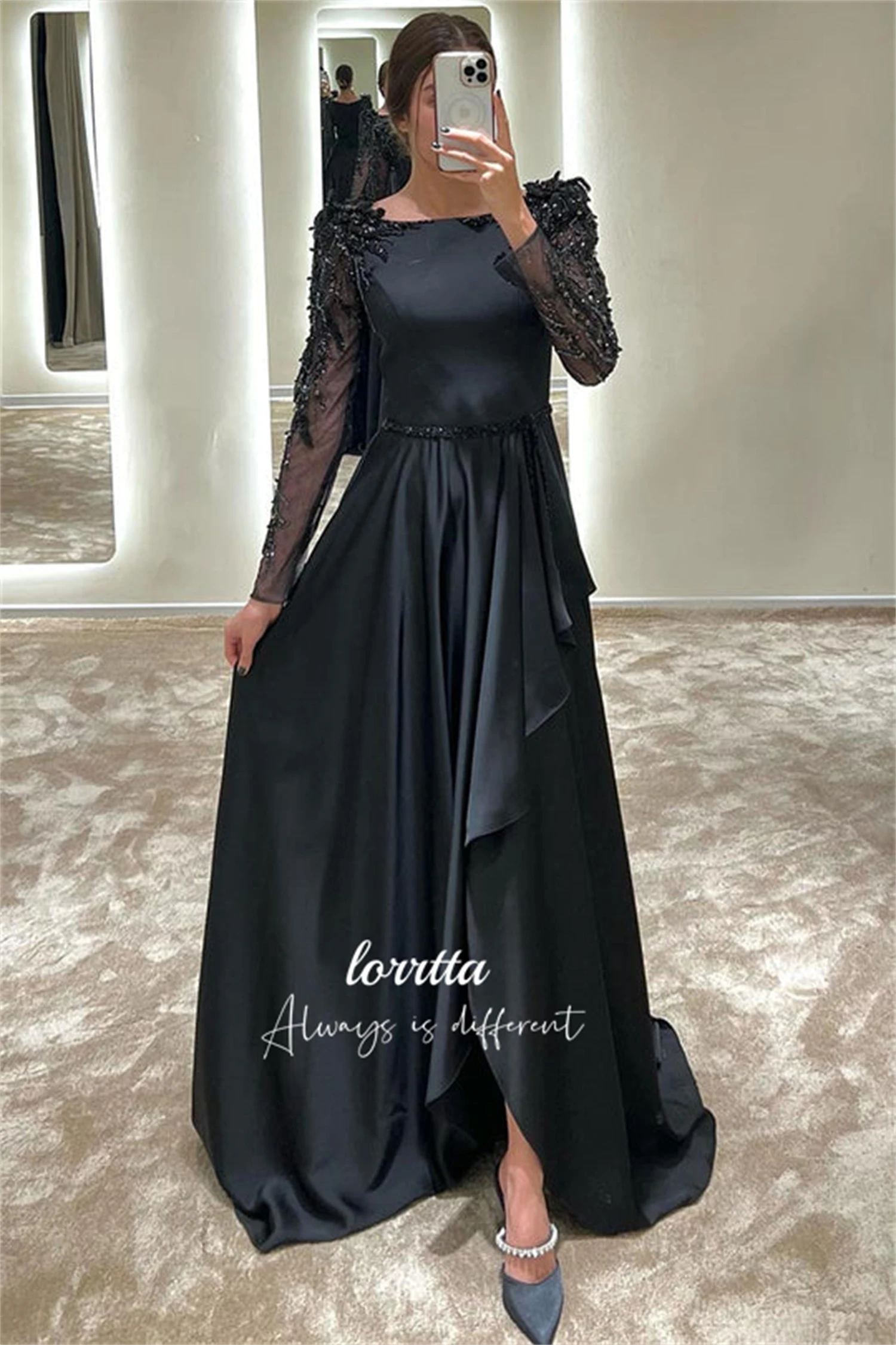 

Lorrtta Luxurious Evening Dress Satin Black Elegant Bead Embroidery Decoration International Dresses With Long Sleeves Formal