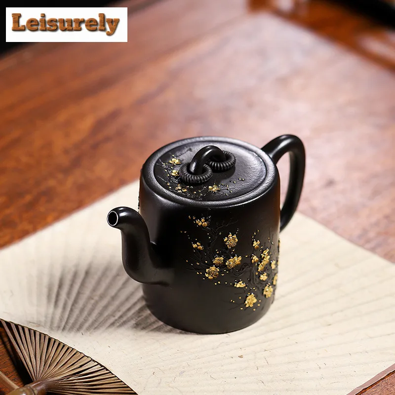 180ml Yixing Purple Clay Teapots Handmade Gold Drawing Dual Ring Pot Raw Ore Dahongpao Reducing Roasting Mud Kettle Zisha Teaset