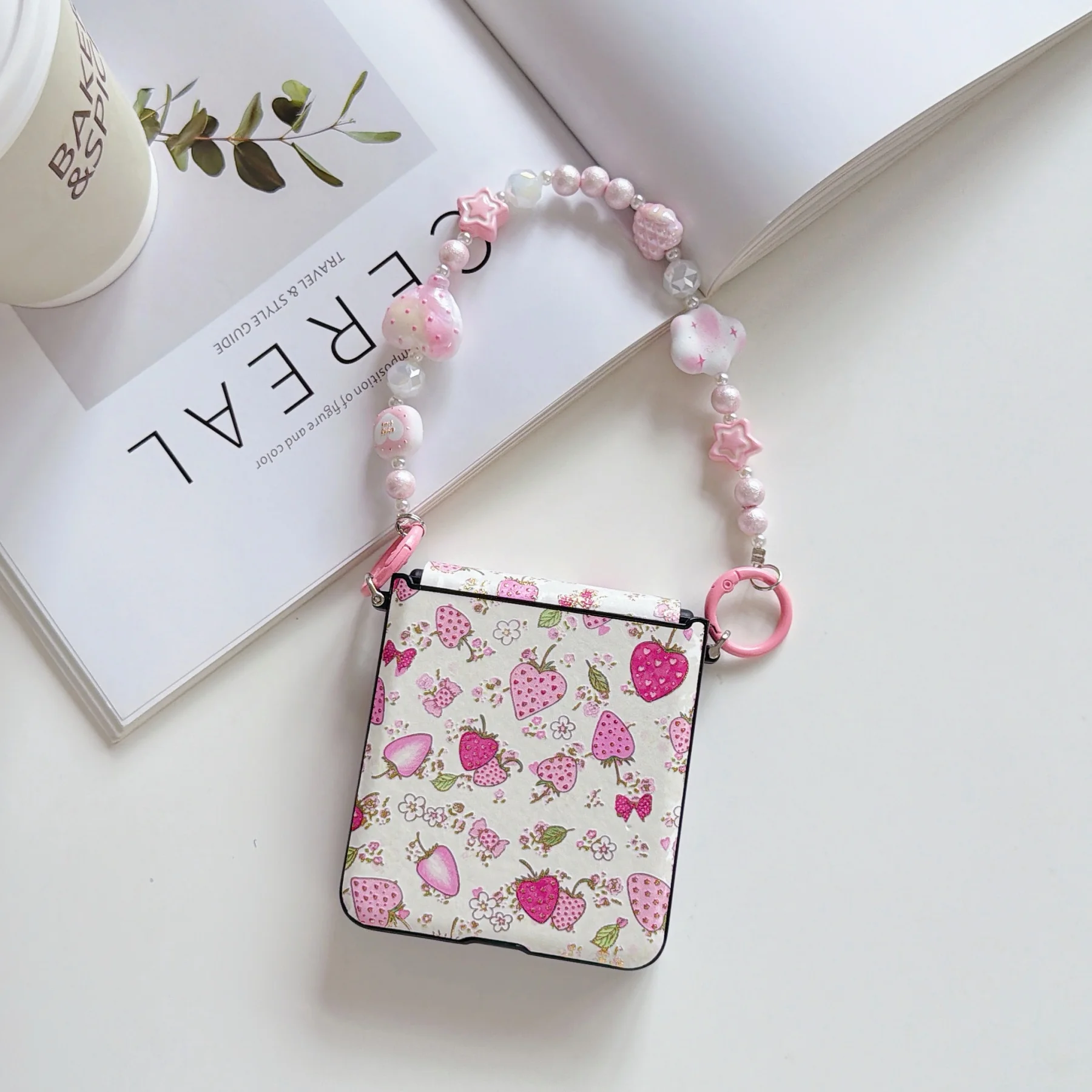 Chic Strawberry Flower Phone Case with Heart Charm Chain