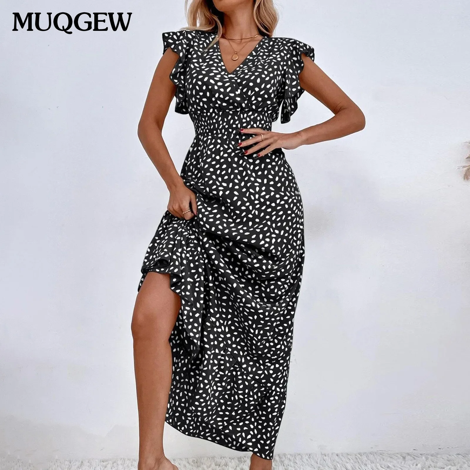 

Summer Woman Maxi Dress Dot Print Short Sleeve Ruffles Dress Elegant V Neck Holidy Beach Dress Party Long Vestidos Women Robe