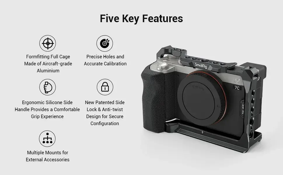 Full Cage with Silicone Side Handle for Sony A7C with Locating Holes for ARRI Qu