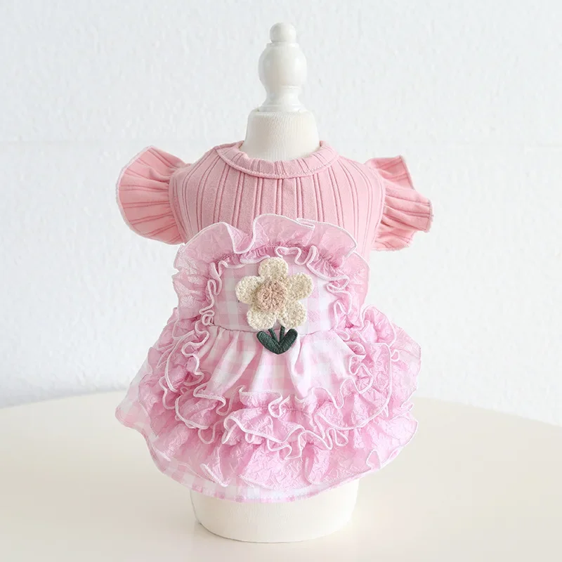 Spring/Summer Ruffled plaid Dress Embroidered Princess clothes forSmall Dogs Chihuahuas, Bichons outfit