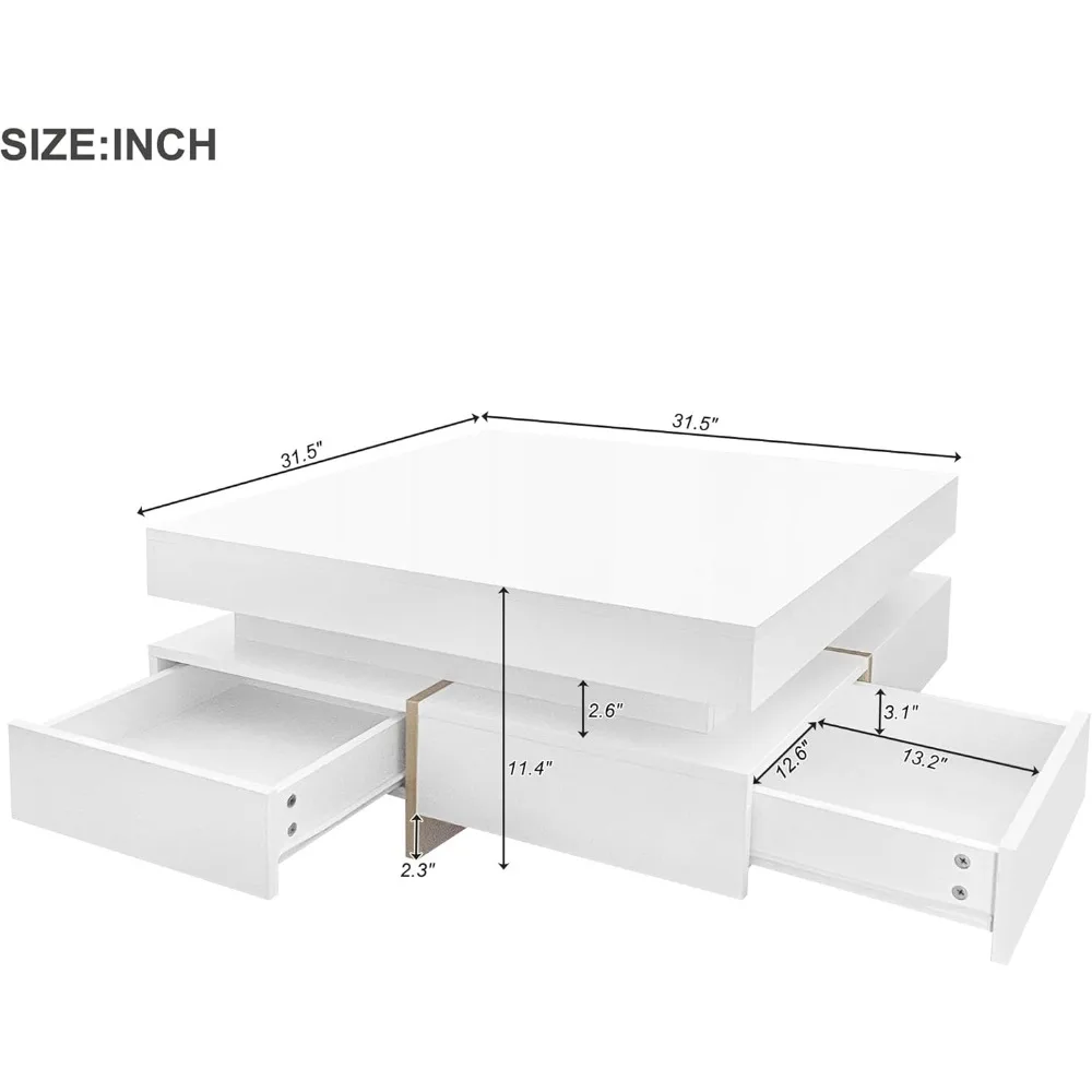 Modern Coffee Table with Storage, Contemporary Square Coffee Table with Drawers, High Gloss Modern Center Table for Living Room 2