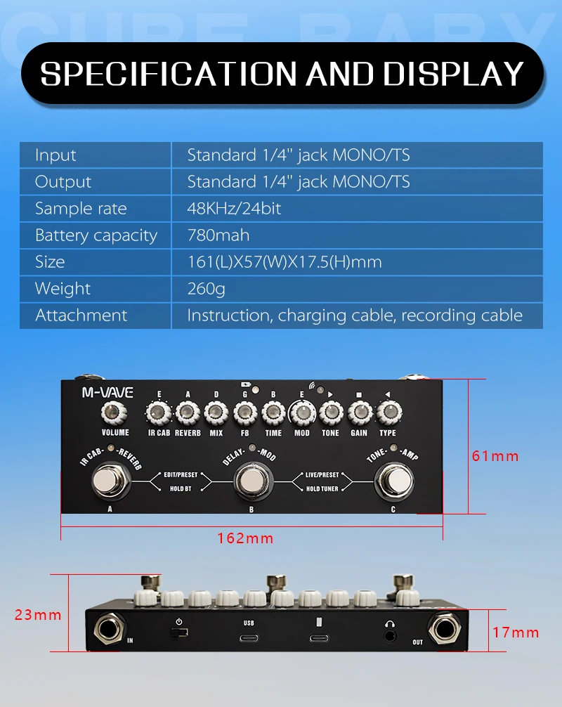 Description Picture 6 of itemM-VAVE CUBE BABY Portable Multifunctional Electric Guitar Effect Pedal Combined Guitar Pedal Recording Audio Interface Function