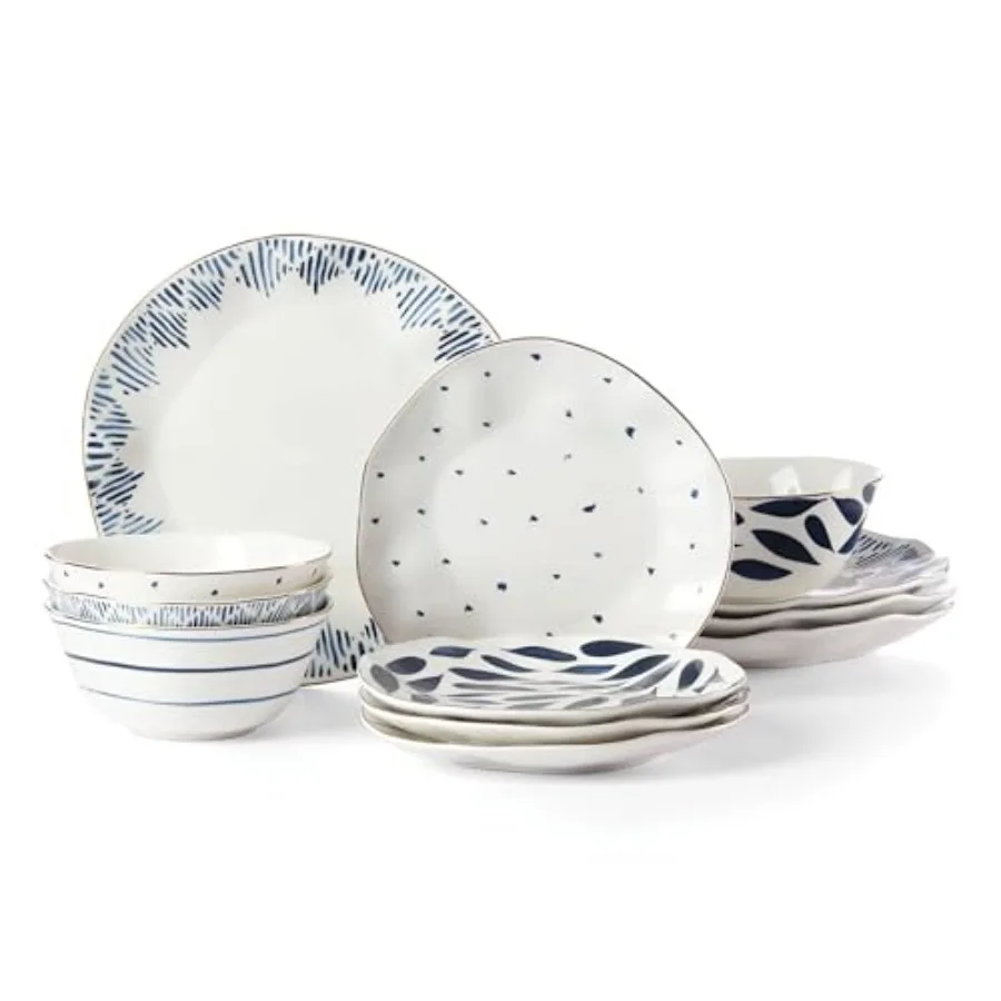 Blue Bay 12-Piece Dinnerware Set for Dining Room Ceramic Blue Durable and Microwave Safe
