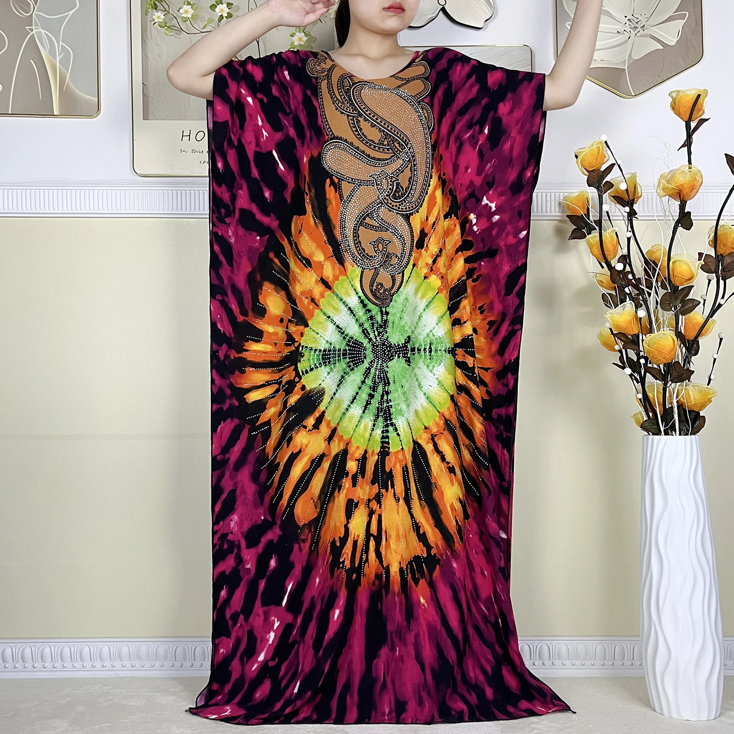 2024 New Muslim Women Dashiki Short Sleeved Dress Diamonds Printing Cotton Loose Robe Kaftan African  Women Dress With Big Scarf