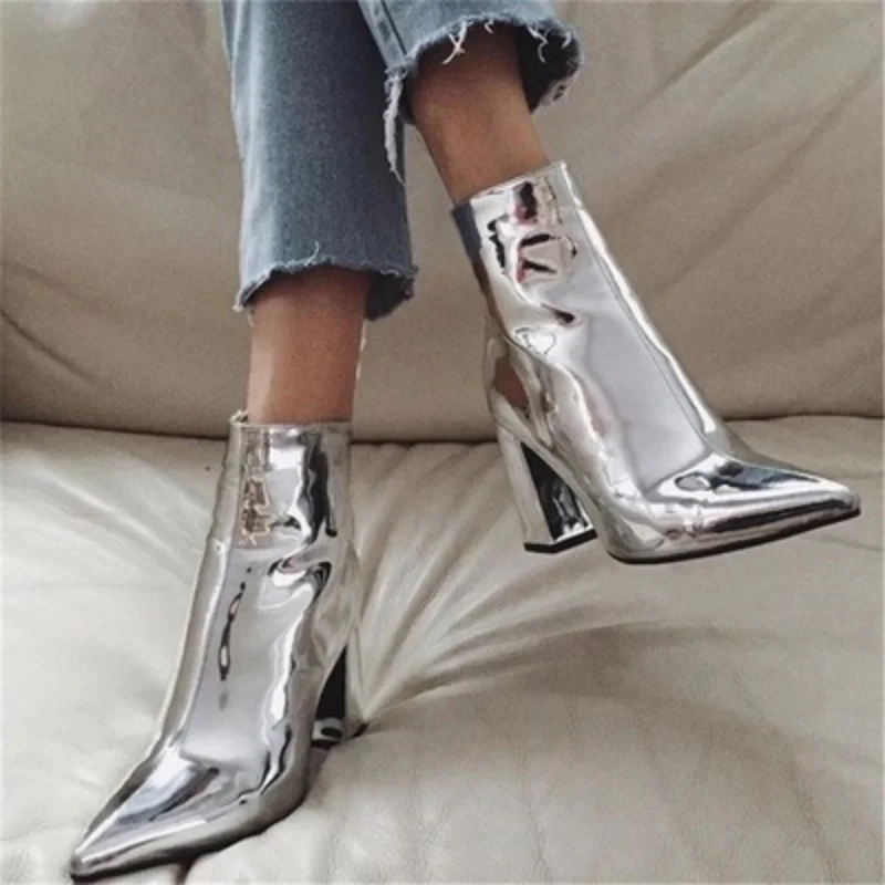 

Fashion Gold Silver Patent Leather Women Ankle Boots Pointed Toe Square High Heels Shoes Chelsea Botas De Mujer 9CM Black Bottes