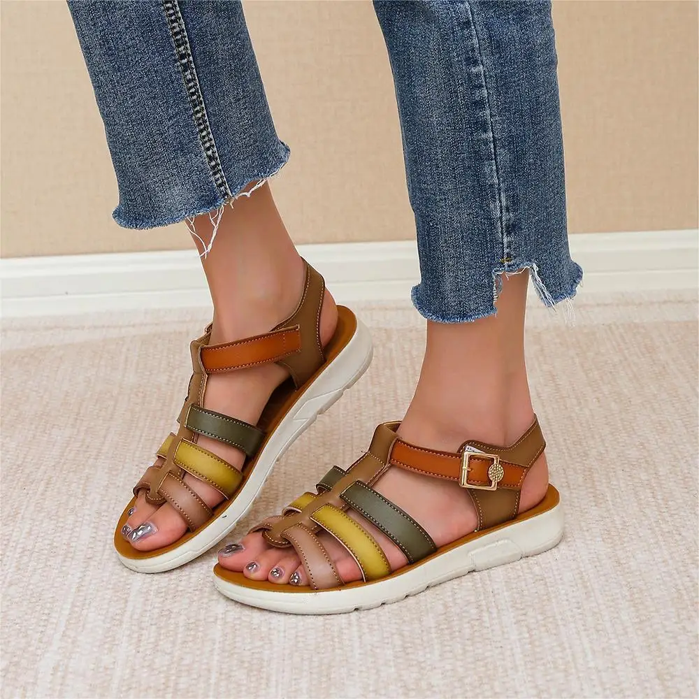

TOPHQWS 2023 Casual Summer Women's Flat Sandals Vintage Beach Shoes High Quality PU Leather Female Slip On Platform Sandals