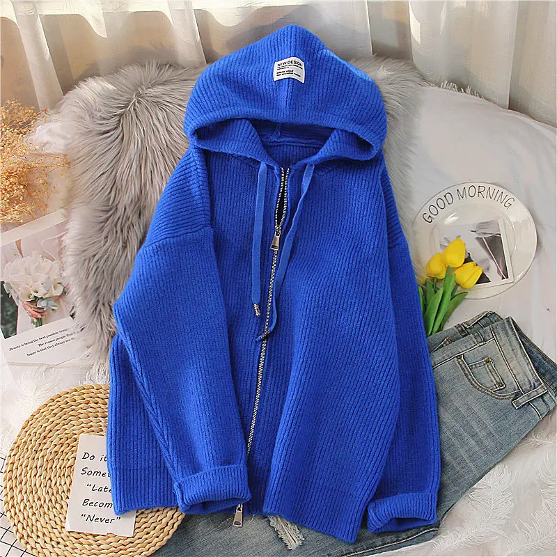 

2022 Autumn Knit Sweater Coat Women Fashion Hooded Long Sleeve Loose Oversize Cardigan Tops Spring Woman Harajuku Knitted Coats