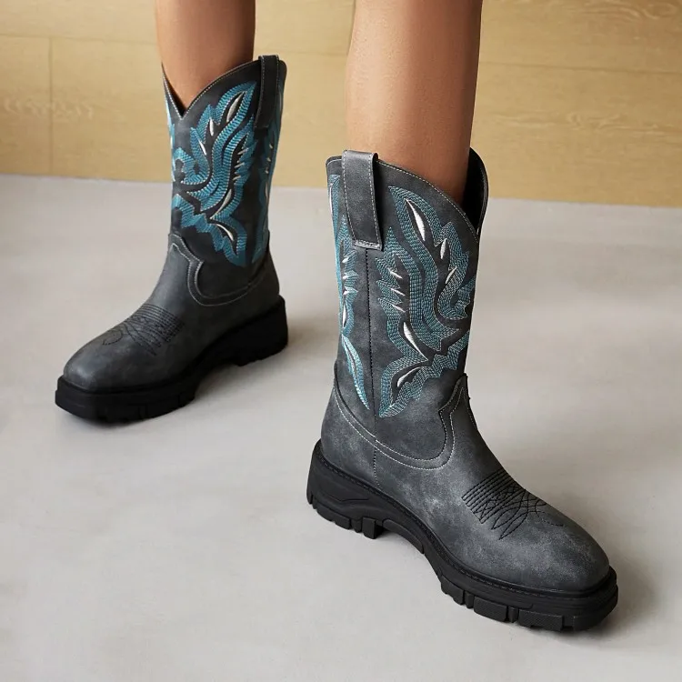 

Round Toe Black Khaki Chunky Heel Women's Western Cowgirl Boots 2022 Fashion Large Size Mid Boots