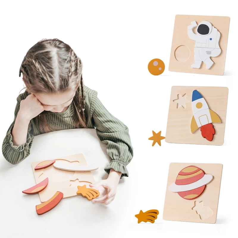 Baby Wooden Astronaut Planet Rocket Puzzle Set Montessori Educational Toy 0-12 Month Baby Mind Divergence Game Gift For Newborns