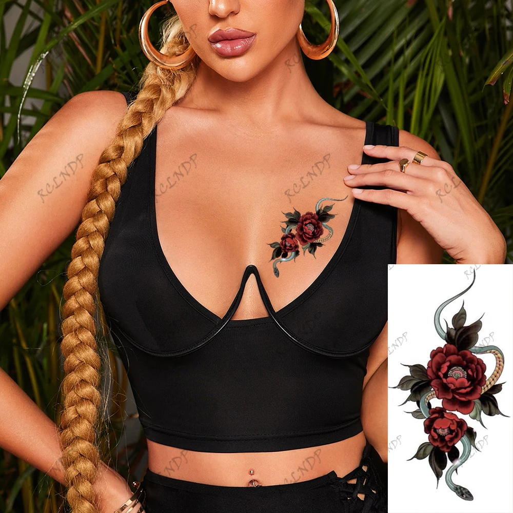 

Waterproof Temporary Tattoo Sticker Snake Red Rose Flower Arm Hand Leg Body Art Flash Tatoo Fake Tatto for Women Men