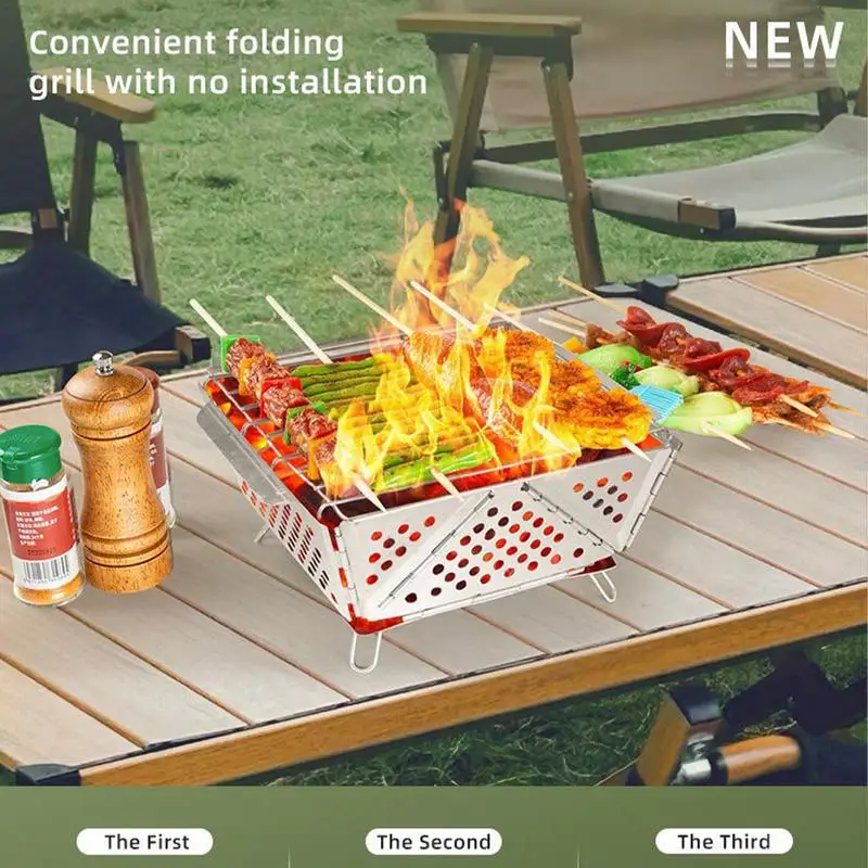 Portable Folding BBQ Grill Camping Split Stainless Steel Fire Pit Tent Stove Outdoor Picnic Accessories Charcoal Grill Burner 2