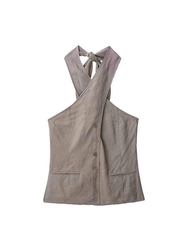 TFMLN Retro Skirt Two Pieces Sets For Women 2025 Chic Cross Halter Tank Top Side Zipper A-line Midi Skirt Suits Causal Outfits