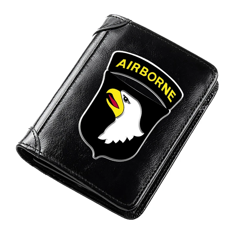

Classic Black 101st Airborne Division Printing Genuine Leather Wallets for Men Rfid Thin Short ID Credit Card Holder Money Bag