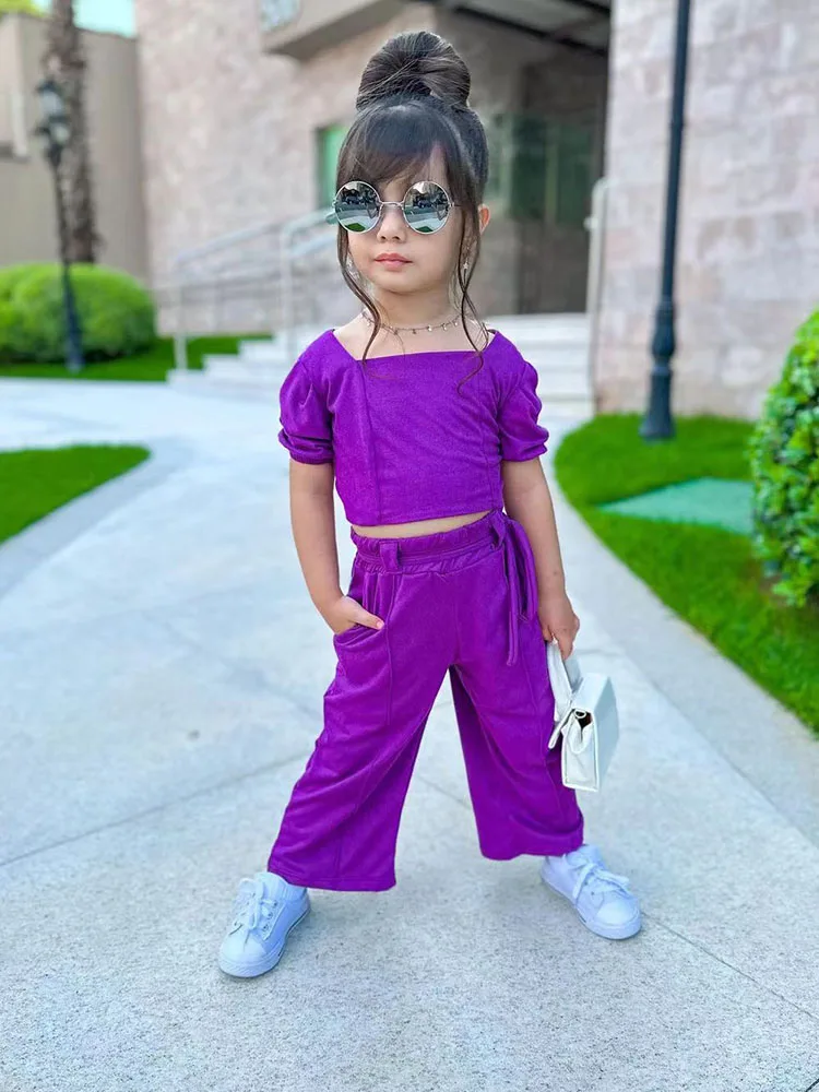 

2023 Summer Kids Clothes Sets 2PCS Purple Tops+Pants Tracksuits Street Style Y2K Trousers Children's Sets For Toddler Girls 1-8Y
