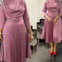 Elegant Office Dress Pleated for Women Professional Round Neck Full Sleeve Belt Waisted Mid Calf Formal Business Work Dress New - Image 2