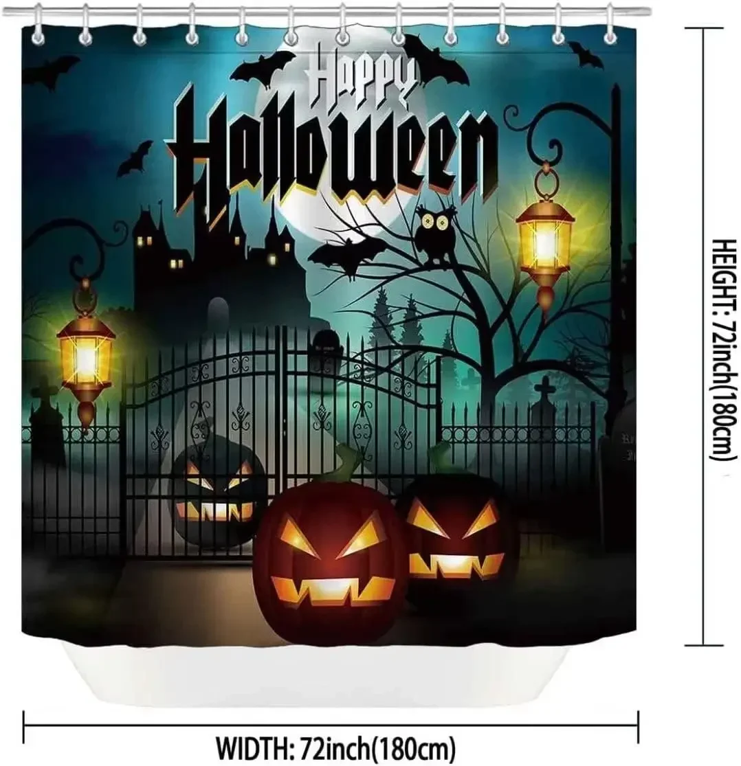 Halloween Castle Pumpkin Waterproof Shower Curtain with Non-Slip Rug Toilet Cover Cover and Bath Mat Bathroom Shower Decoration