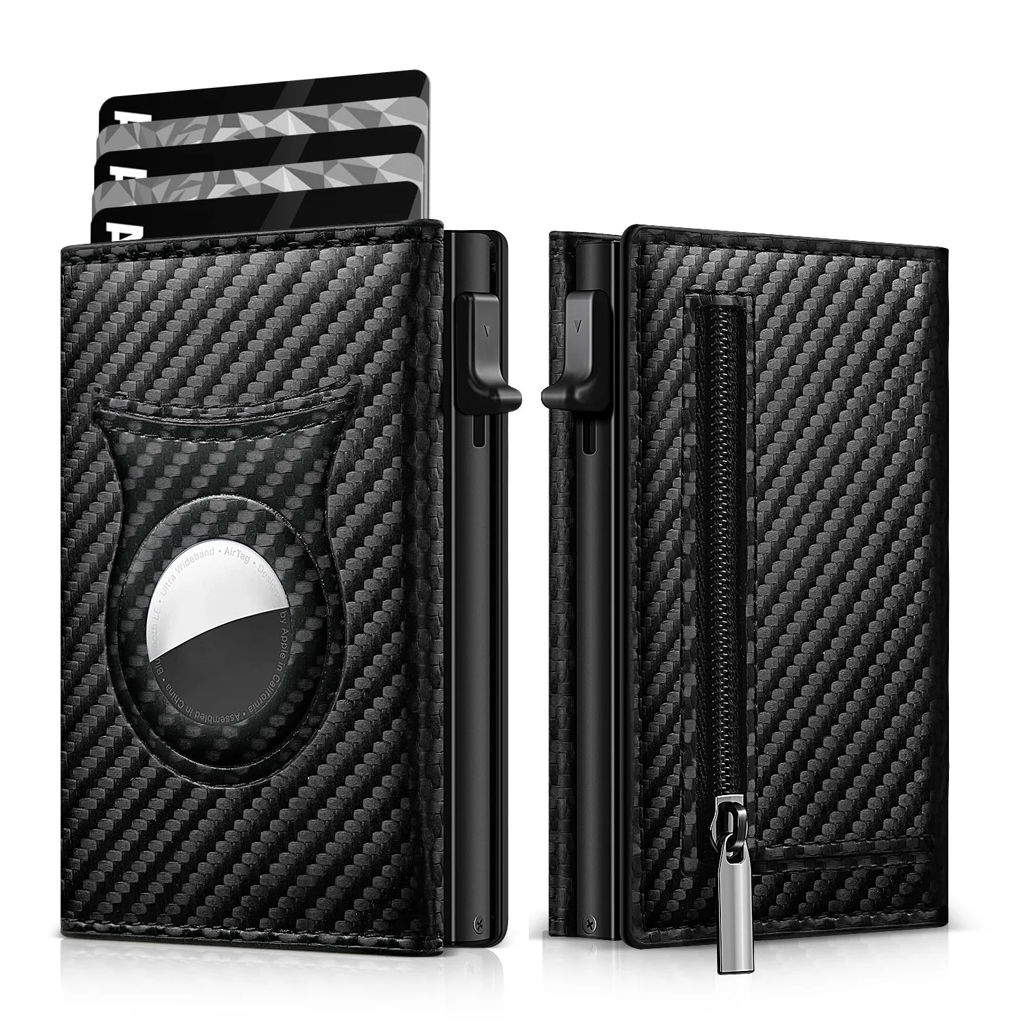 Wallet Card Holder Men Carbon Fiber Magnetic PU Leather RFID Three-fold Automatic With Zipper Coin Purse AirTag