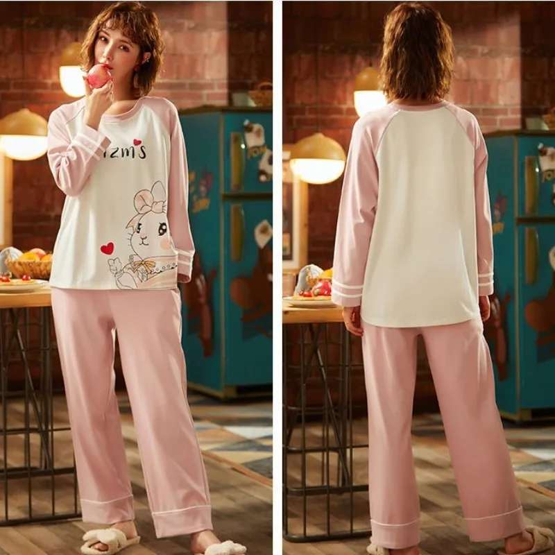 2024 New Long-sleeved Couple Pajamas Outfit Man Woman Spring Autumn Sleepwear Suit Youth Cute Cartoon Cotton Loungewear Sets