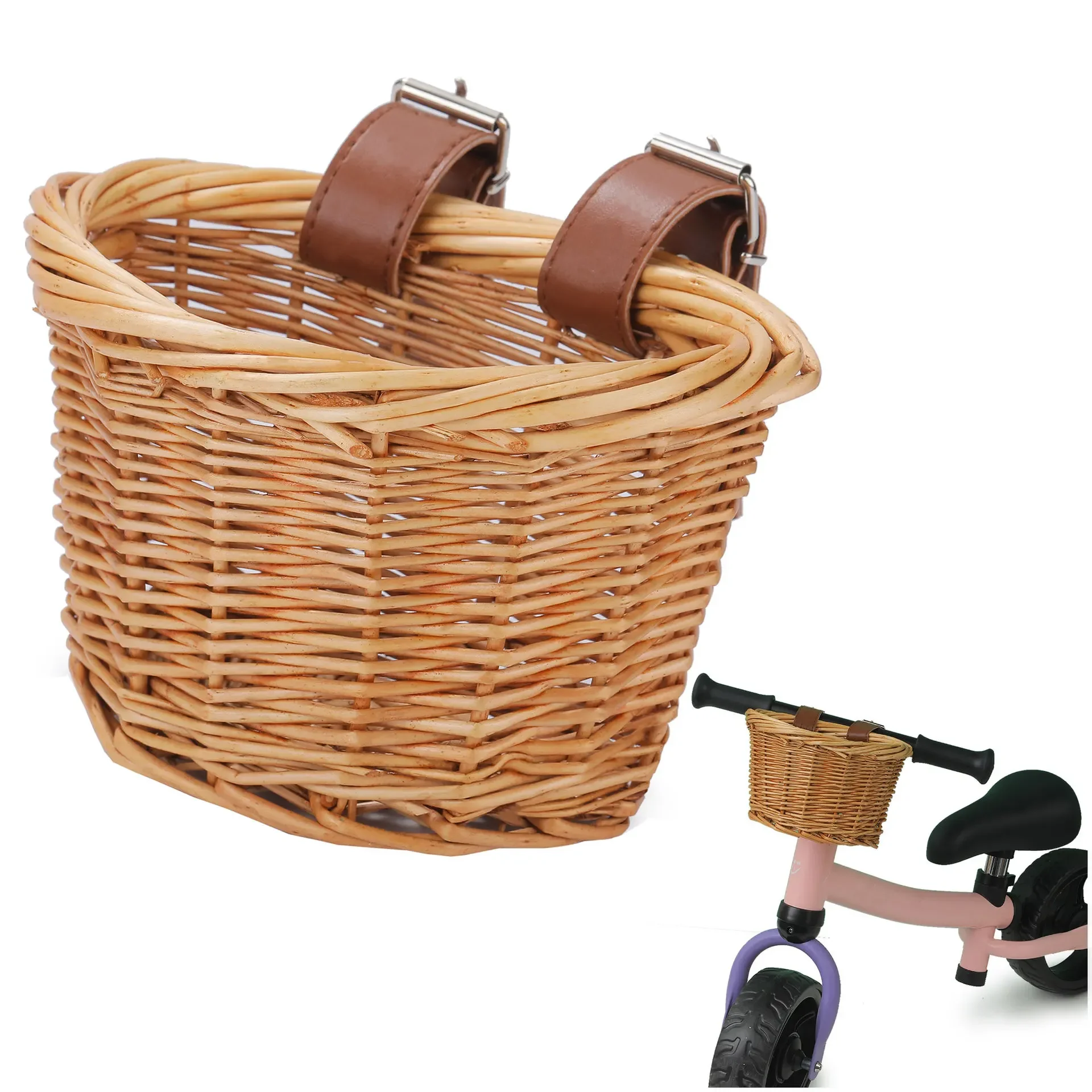 

1PCS Handmade Rattan Plaited Bicycle Front Basket for Kids Bike Scooter Waterproof Durable Storage Basket Detachable Baggage Bag