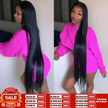 Silky Straight Lace Front Wigs Human Hair 200% Density 26 Inch Human Hair Wig for Women Natural Black HD Transparent Lace 1