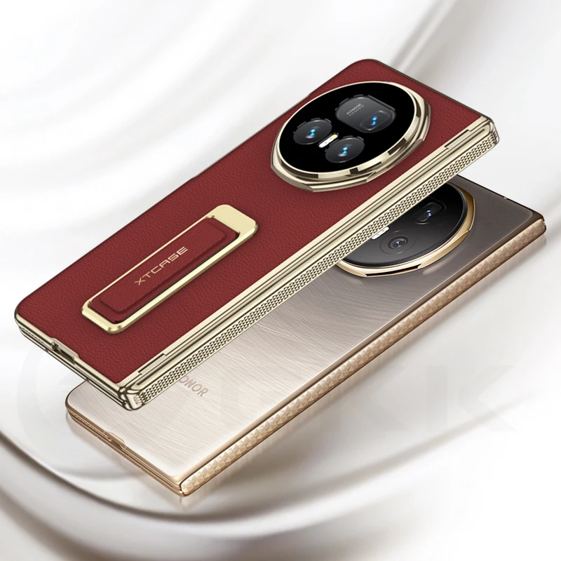 Magnetic Hinge Plating Case For Honor Magic V5 Leather Fold Stand Wristband Scre
