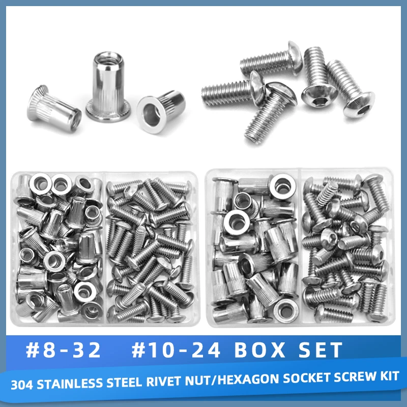 Pop Rivet Nuts Kit, Flat Head Rivnuts with 304 Stainless Steel Bolts & Screws-Assortment Kit 8-32, 10-24, 1/4-20, 5/16-18