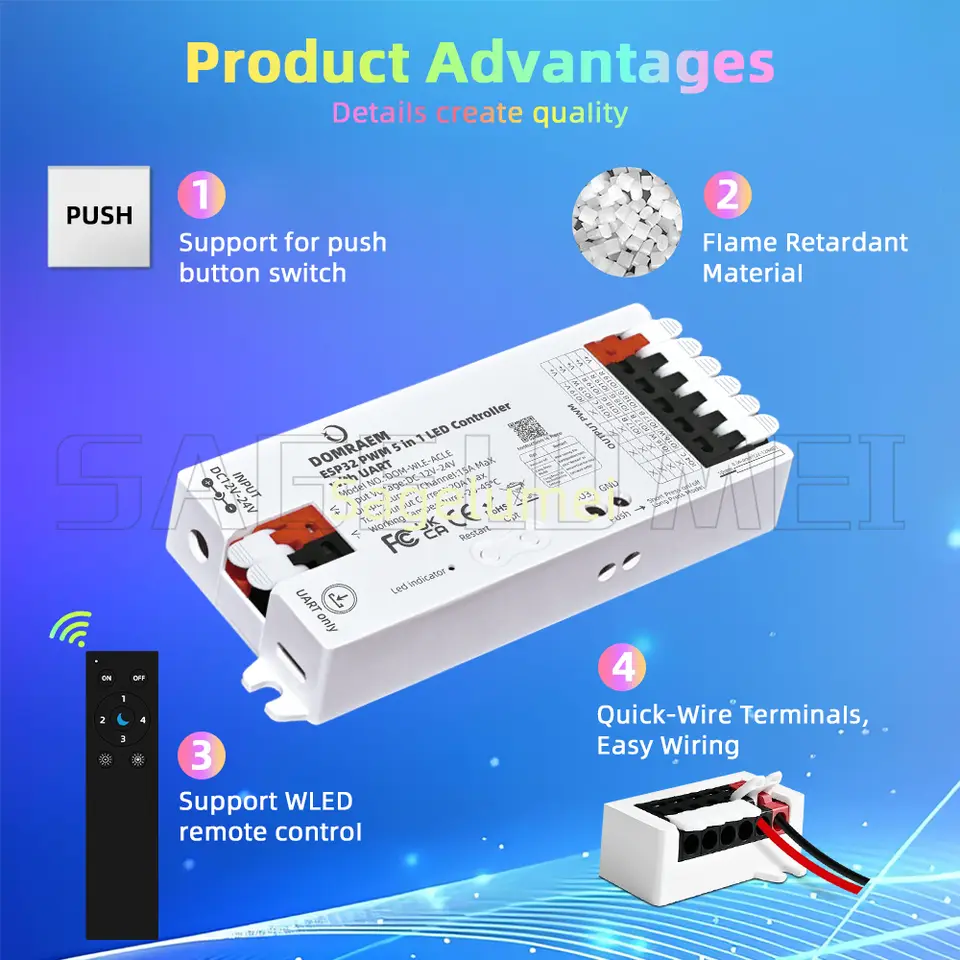 ESP32 Work with RGBCCT RGBW RGB CCT Singlecolor PWM 5 in 1 LED controller with UART WiFi WLED APP DIY port for switch connection image 1
