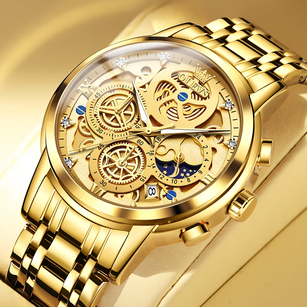 OLEVS Original Watch for Men Luxury Gold Skeleton Analog Quartz Date Chronograph Wristwatch Stainless Steel Waterproof Luminous 1734 ie4c plc new original 75ma 4 single ended analog input modules