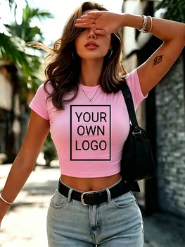 Custom Logo Personalized Picture Womens T Shirts Breathable Cotton Crop T-Shirt O-Neck Slim Tops Y2K Summer Short Sleeve 1