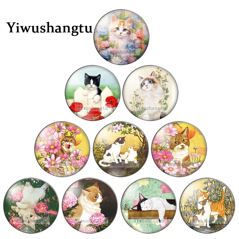 

Мультяшные картины с изображением сказочного кота и цветов, 8 мм/12 мм/20 мм/25 мм, круглые стеклянные кабошоны для фото, демонстрационная фурнитура с плоским основанием
