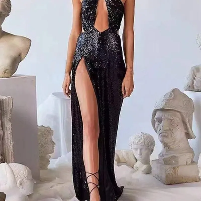 

2024 Spring and Summer Sexy Party Sequin Irregular Elegant Evening Dress Women's Halter Dress