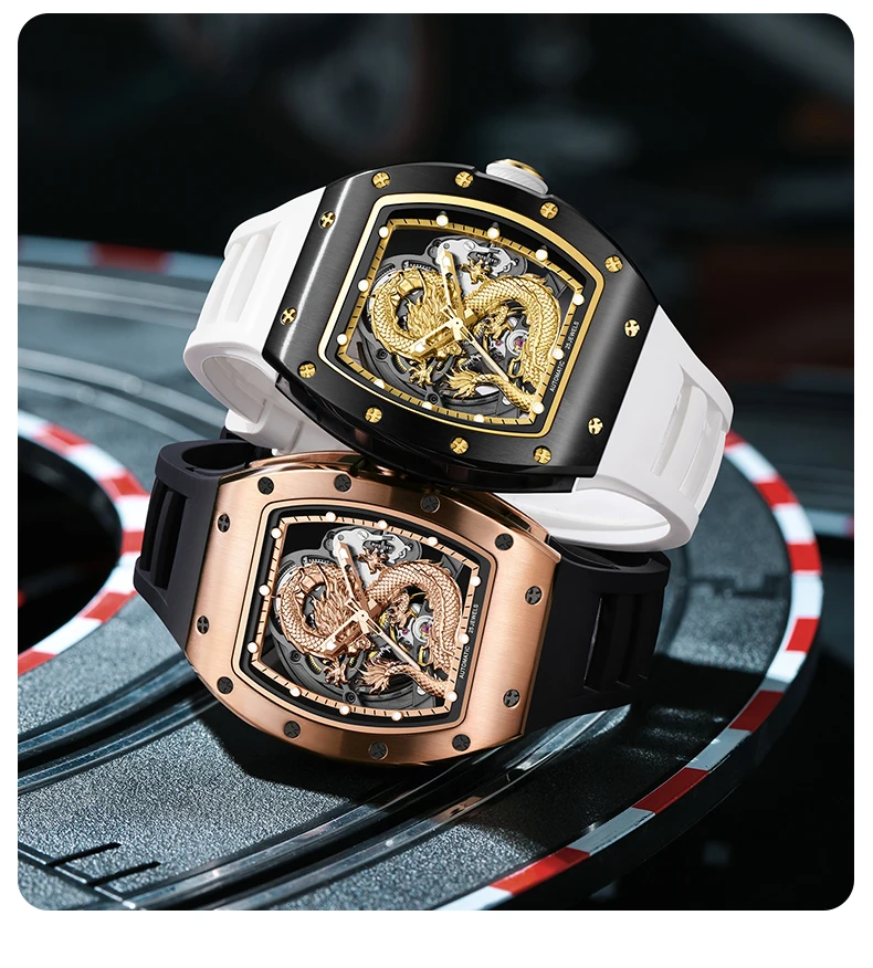 Dragon Mechanische Herrenuhr Tonneau-Gehäuse Automatik Skelett Edelstahl Armbanduhr Leuchtend Wasserdicht Silikonarmband – Detail 10