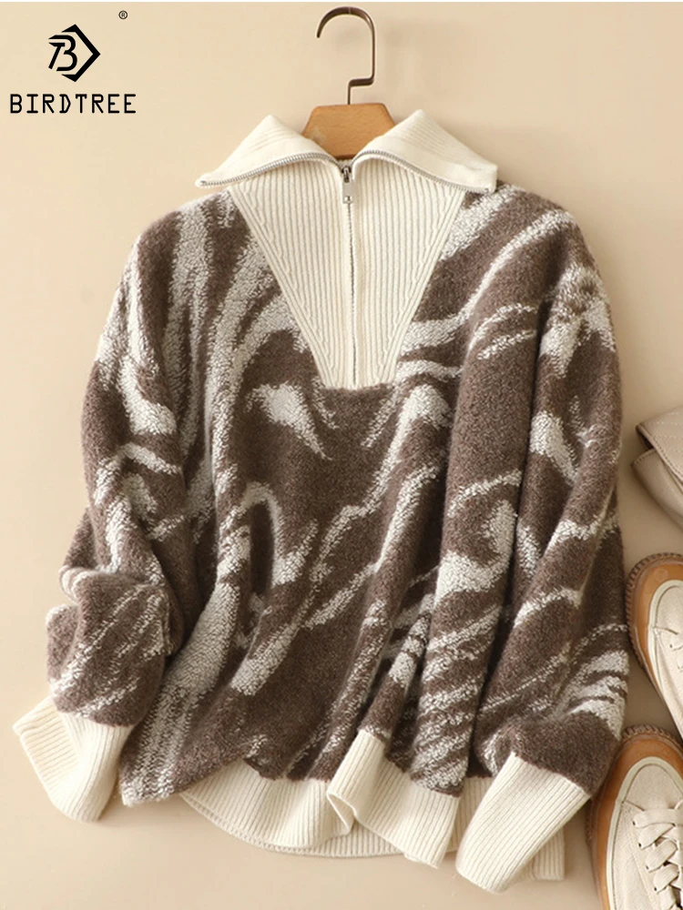 

Birdtree 100% Cashmere Pullover Sweater Lapel Zipper Contrast Thick Turtleneck Loose Sweater Autumn/Winter New Women T39616QD