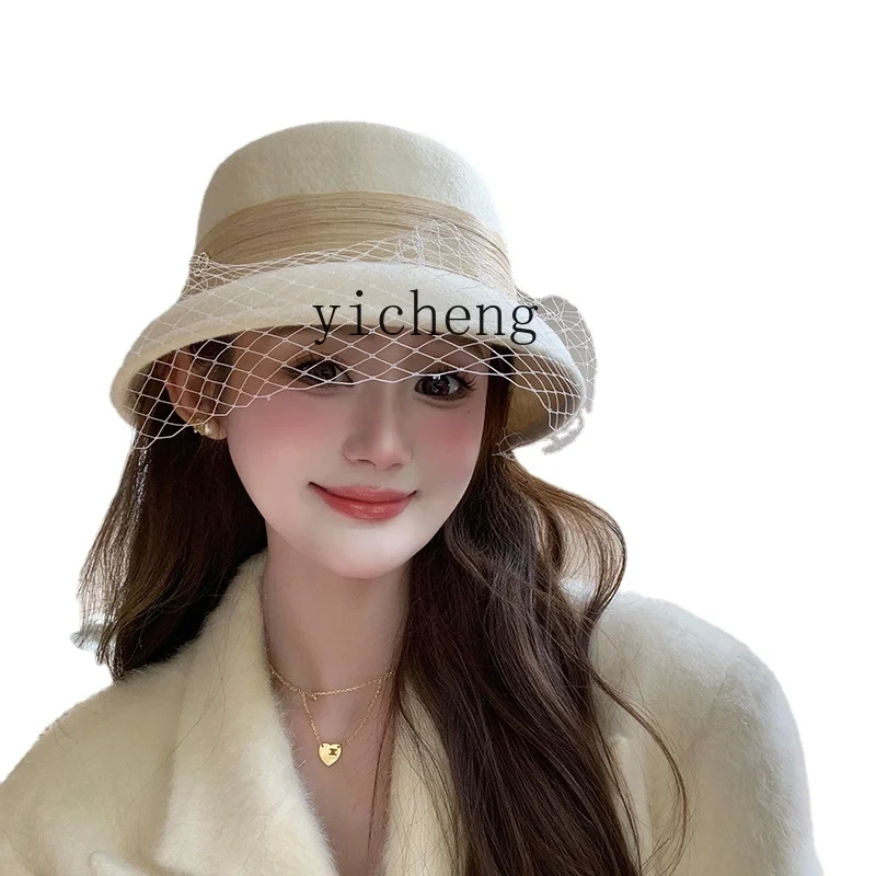 

YY Retro Hepburn Style Woolen Hat Elegant Bucket Hat Woolen Fisherman Hat