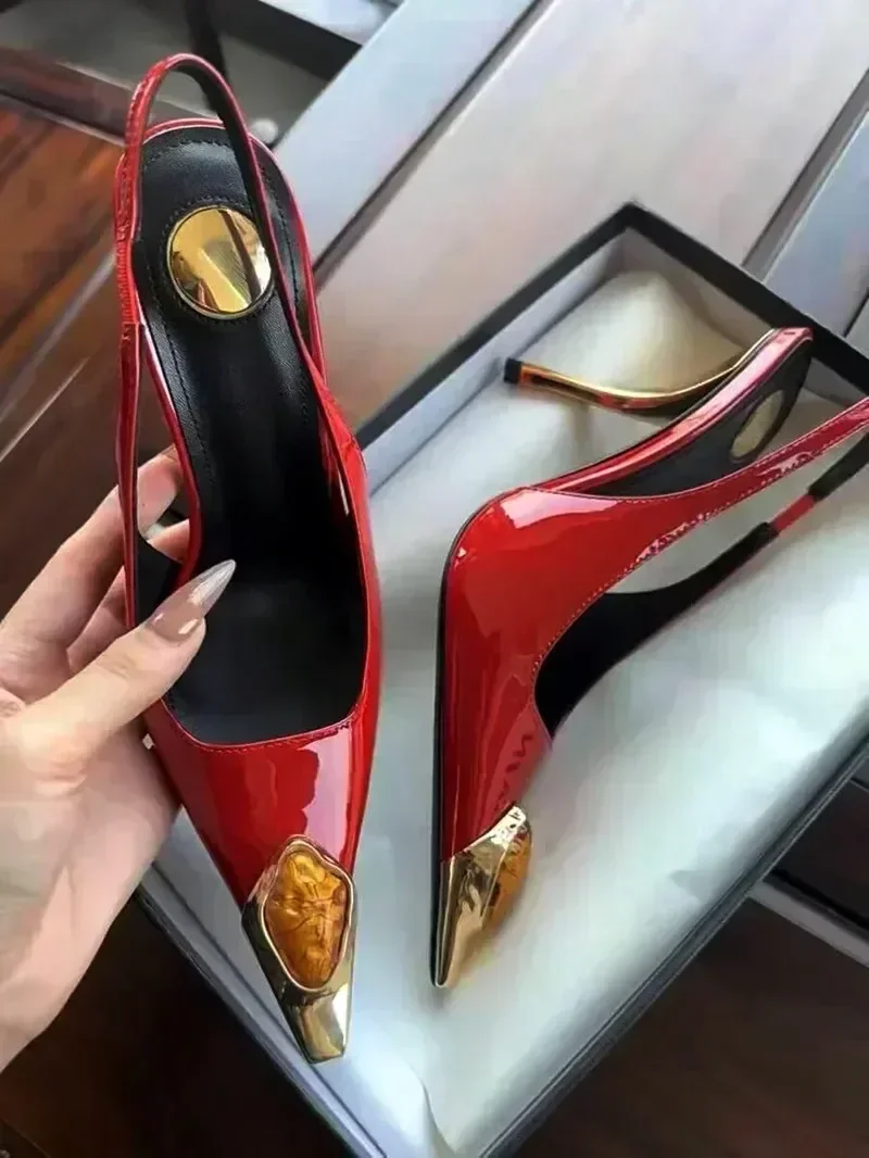 Luxury Metal Jewel Decoration Heels Women 2025 Sexy Pointed Toe Patent Leather Women Pumps Elegant Banquet High Heeled Sandals 4 Luxury Metal Jewel Decoration Heels Women 2025 Sexy Pointed Toe Patent Leather Women Pumps Elegant Banquet High Heeled Sandals - Image 4