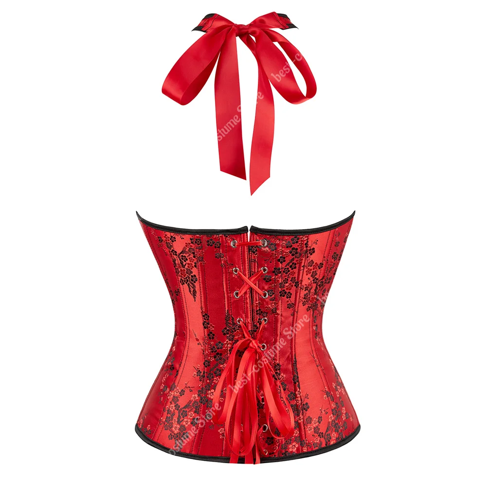 Vintage-Inspired Floral Gothic Corset Top with Halter Straps in Black and Red