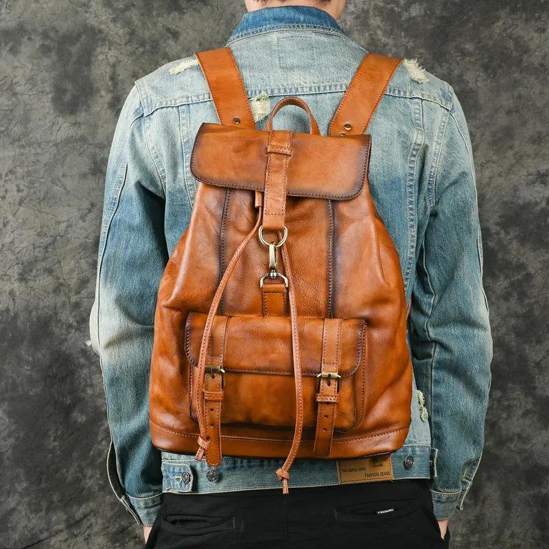 

2023 New Luxury Designer Men's Leather Backpack Real Cowskin Leather Laptop Bagpacks Anit Theft Vintage Men's Backpack Leather