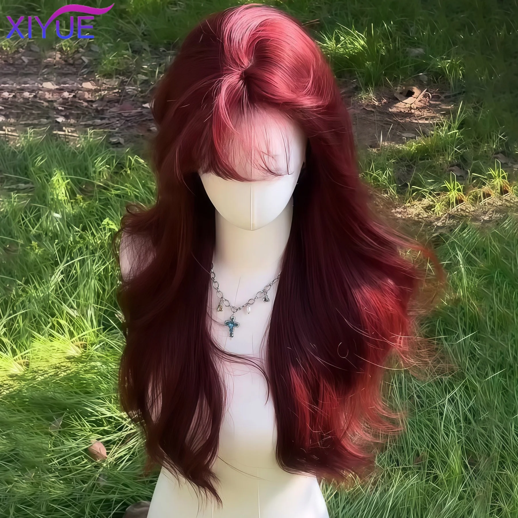 XIYUERed Synthetic Wigs Long Body Wavy Wig Natural Hairline Daily Red Hair Heat Resistant Fiber Smooth Party Cosplay Wig