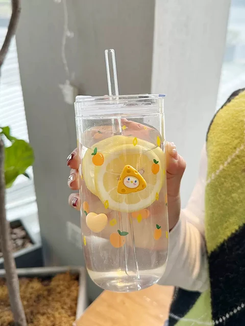 Kawaii Flower Glass Cup With Lid Straw Cute Orange Coffee Mug Milk Hot  Drinks Korean Water Juice Tea Cup Drinkware Gift 600ml