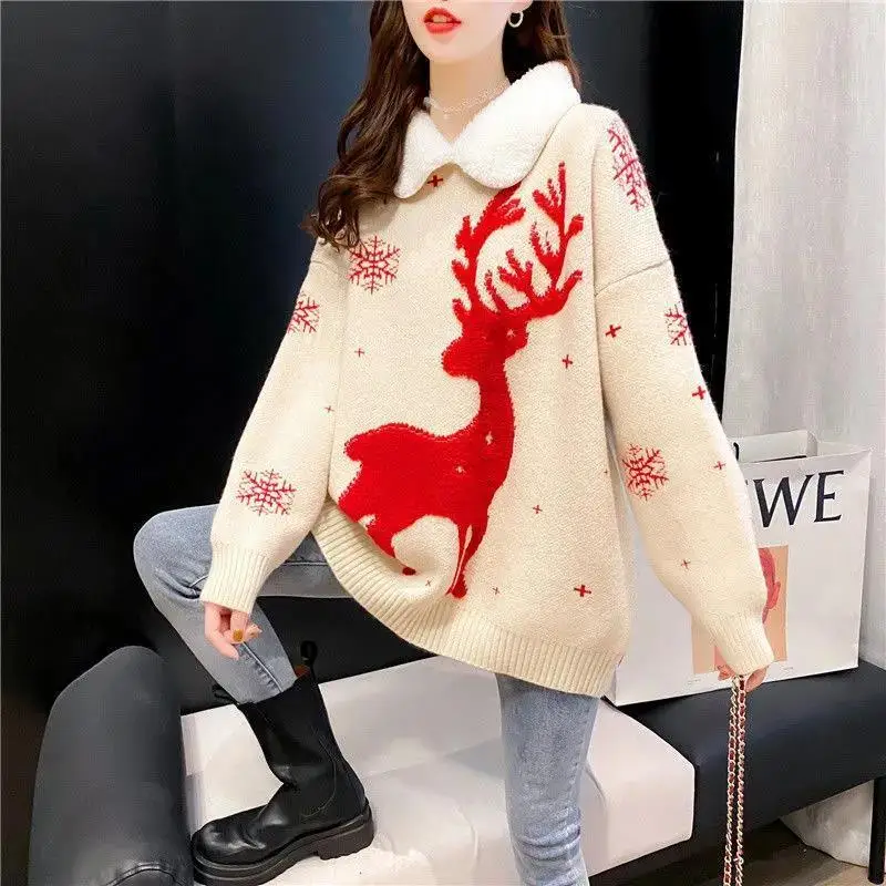 thumbnail image 1 of Suéter de mujer con dibujos animados navideños, ropa con estampado que combina con todo, cuello vuelto, manga larga, largo medio, otoño e invierno, 1 of 4