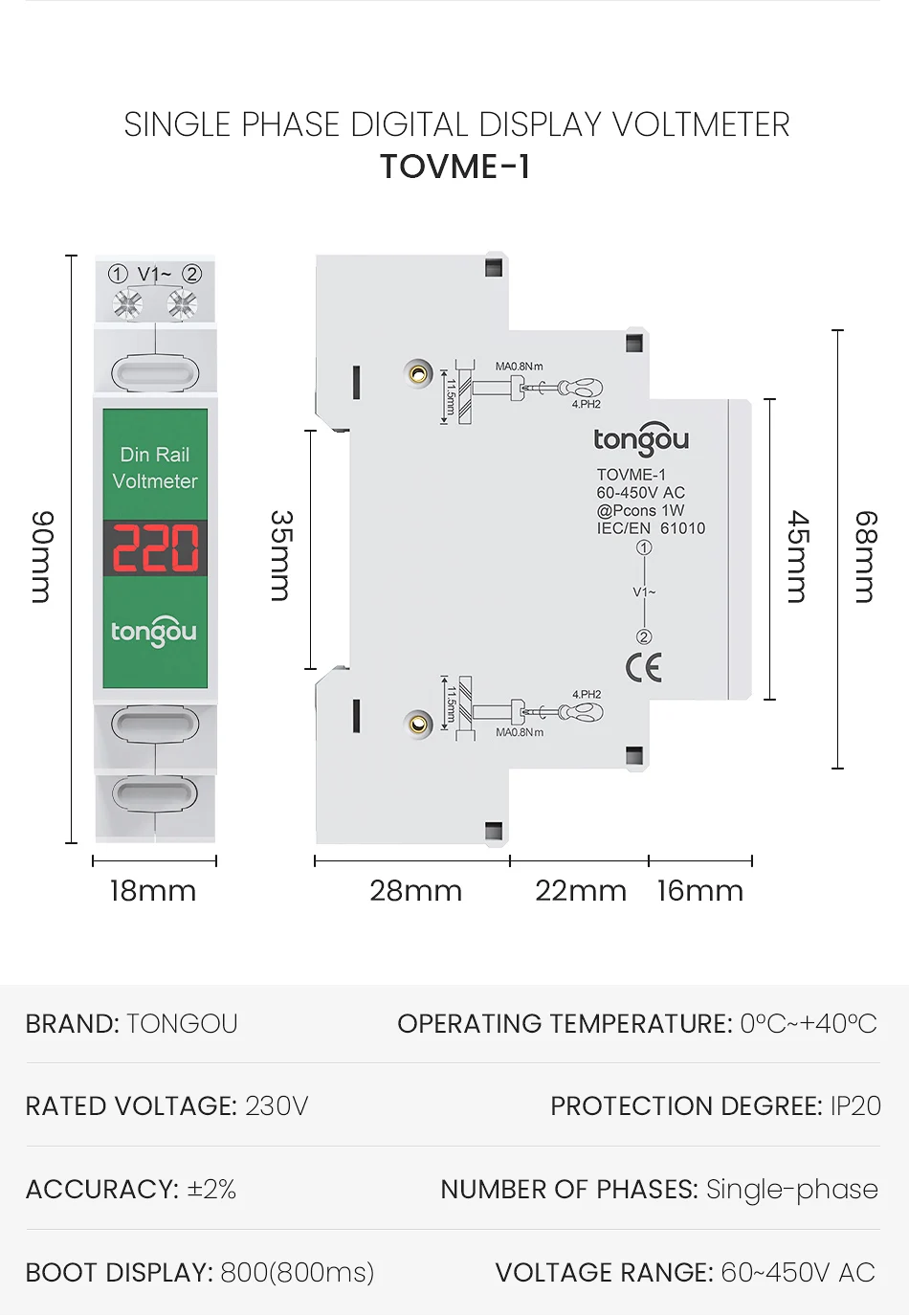 Three Phase Voltage Meter Ac 60V-450V Mini Modular Voltmeter Gauge Indicator LE