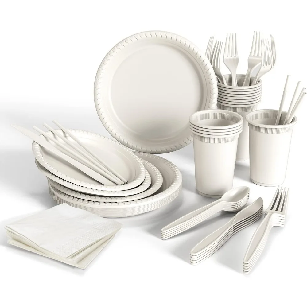 

Ampang Compostable Disposable Dinnerware Set - 400 Pcs Eco Friendly Biodegradable Plates, Utensils, Cups, and Napkins - Heavy Du