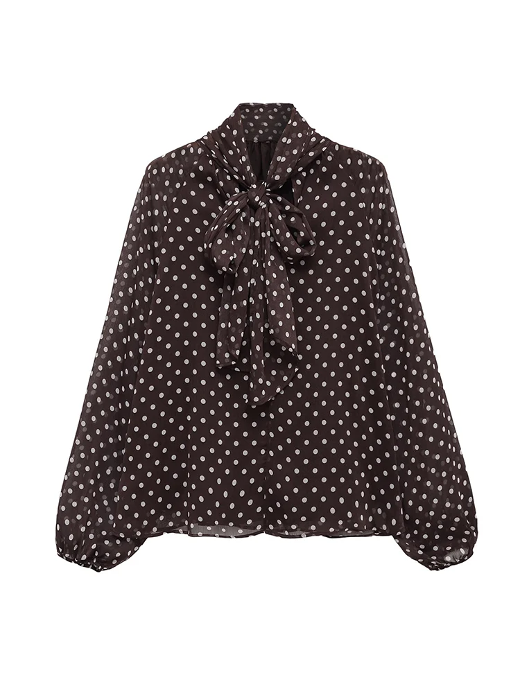 New Arrival Women Blouse Vintage Polka Dot Printed Casual Tops Fashion Bow Elegant Loose Long Sleeve Commuting Shirts Ladies