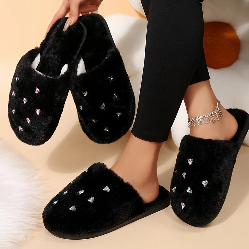 Luxury Crystals Furry Slippers Women Autumn Winter Indoor Home Warm Plush Slides Woman 2025 Non Slip Sole Cotton Shoes Female