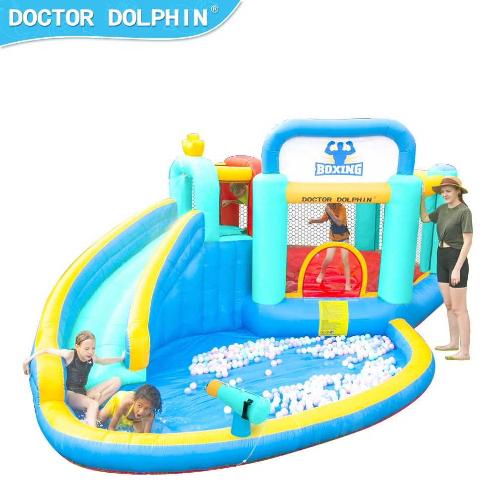 Doctor Dolphin Bounce House Inflatable Jumping Castle with Water Ball Shooting Water Gun and Small Boxing Ring Kids Backyard