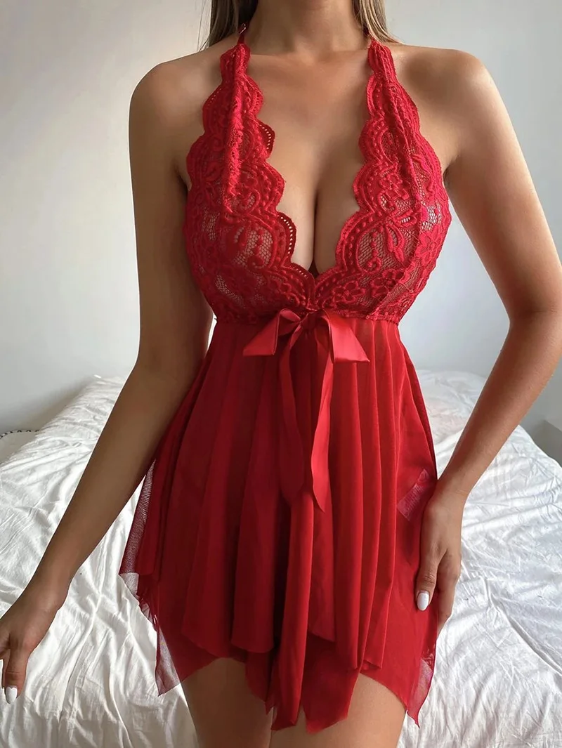 S-3XL Women Sleepwear Sexy Pajamas V-neck Lace Dress Mujer Lingerie Pornos Costumes Exotic Apparel Female Underwear Nightgown
