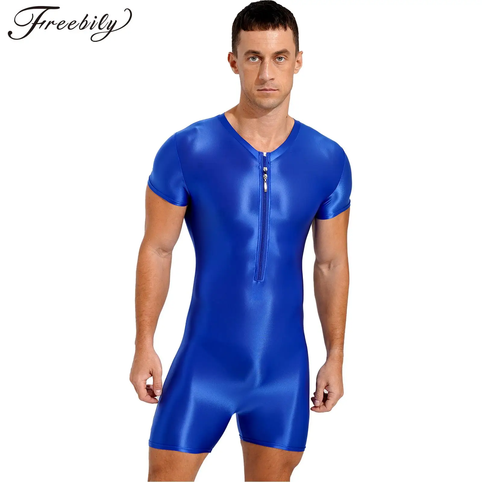 

Men Zipper Body Suits Swimsuit One-Piece Swimwear Glossy Stretchy Round Neck Swimming Bodybuilding Fitness Short Sleeve Bodysuit