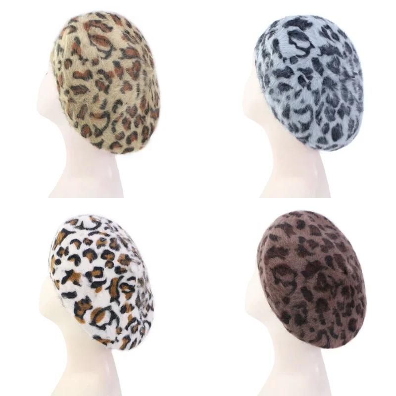 Autumn and Winter Hats Leopard Print Rabbit Fur Beret Fashionable Women's Fashion Bud Hat